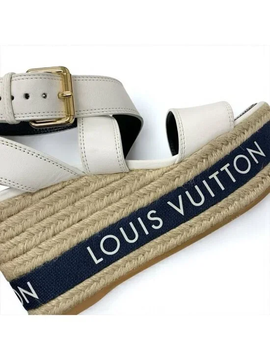 Louis Vuitton Boundary Line Sandals Shoes Leather White Navy Logo Wedge Sole - Picture 10 of 10